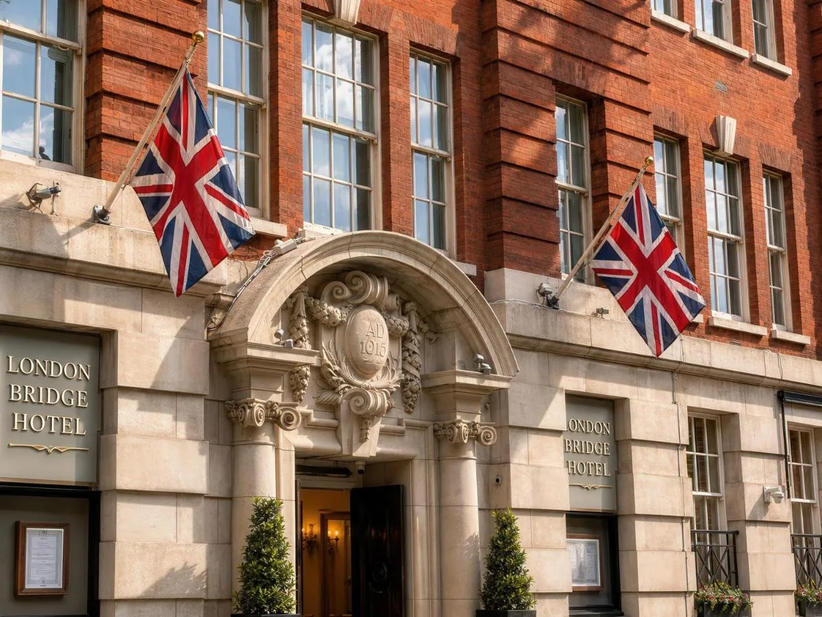 British flags outside London Bridge Hotel near London Bridge Station